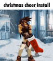 a cartoon character is holding a red christmas stocking in his hand .
