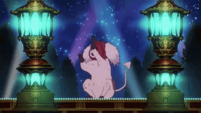 a cartoon character with a tail is standing in front of a blue light