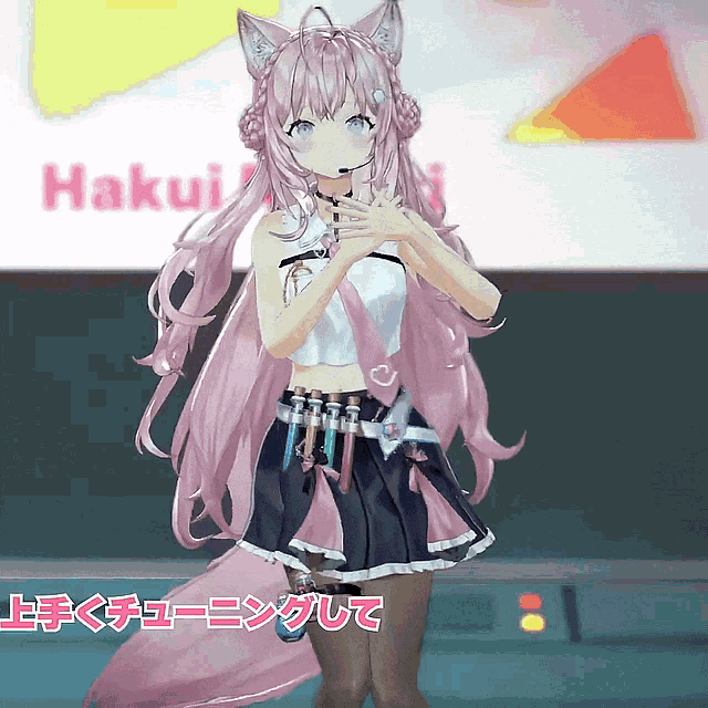 a girl with pink hair is standing in front of a sign that says hakui on it