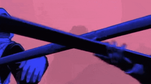 a person is holding two blue swords crossed over each other against a pink background .
