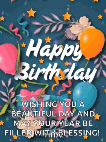 a happy birthday card with balloons and flowers on a blue background