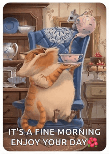 a cat is sitting in a chair holding a cup of tea and a rabbit is pouring tea from a teapot