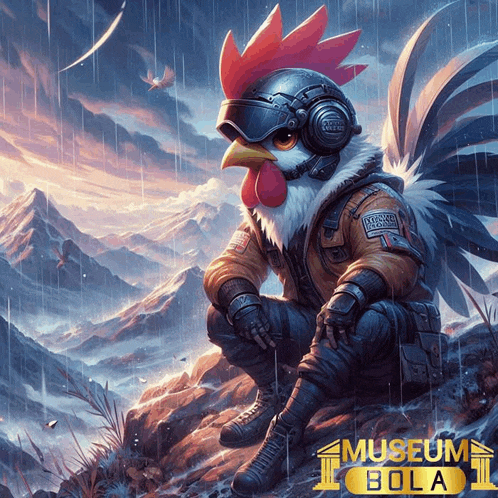 a rooster wearing a helmet and goggles sits on a rock in the rain