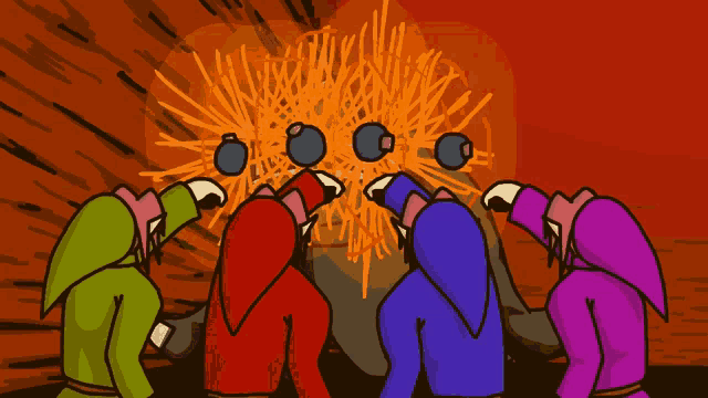 a cartoon of a group of people with bombs on their heads