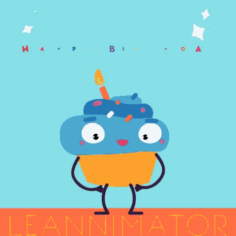 a cartoon of a cupcake with a candle on top and the words leanminator below it