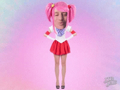 a cartoon of a man dressed as a girl with the word kawaii behind him