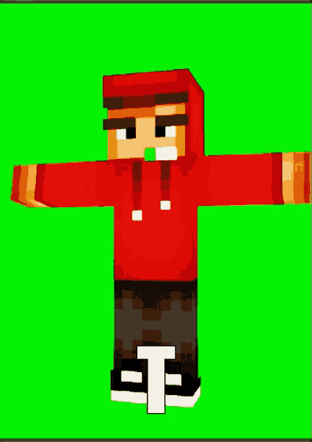 a minecraft character with a red hoodie and a white t on his feet