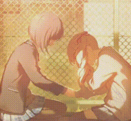 a couple of anime girls are sitting next to each other holding hands