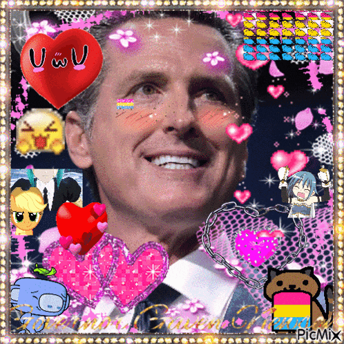 a picture of a man surrounded by pink hearts and a heart that says ' uwu ' on it