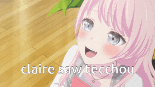 a girl with pink hair is taking a selfie with the words claire saw tecchou written below her