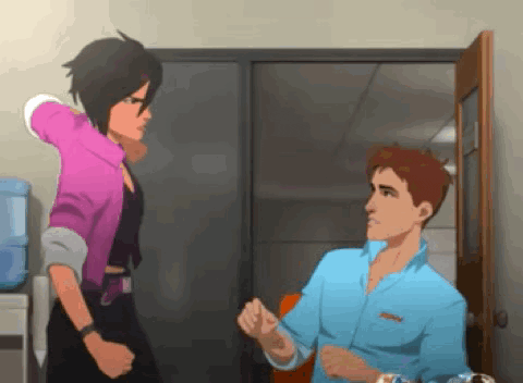 a man and a woman are fighting in a room