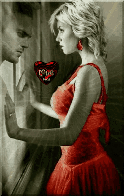 a black and white photo of a woman in a red dress