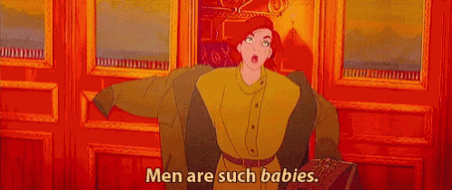 a cartoon character is standing in front of a red door and says `` men are such babies '' .