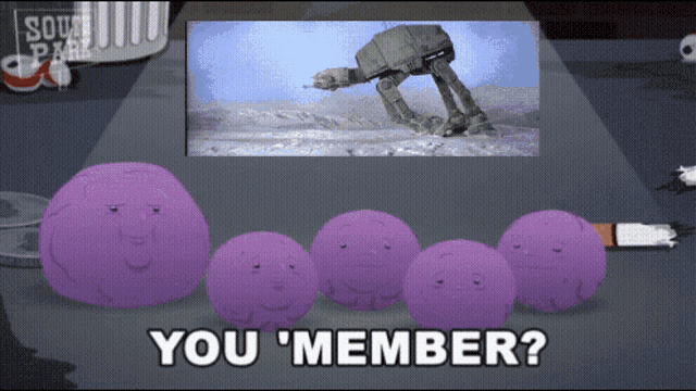 a cartoon of purple balls with faces and the words you member