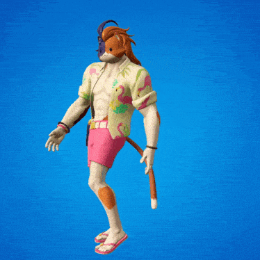 a man in a flamingo shirt and pink shorts stands in the air