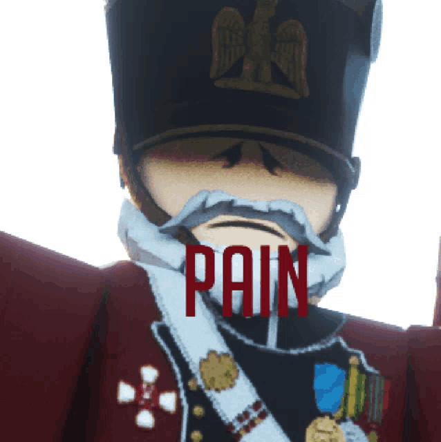 a man with a hat and a beard has the word pain written on his face