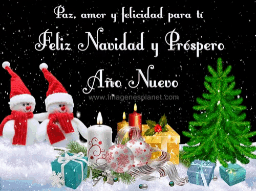 a christmas card with two snowmen candles and gifts