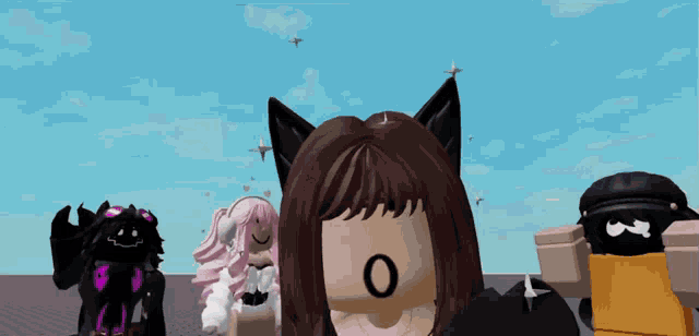a girl with cat ears is making a funny face with her mouth open