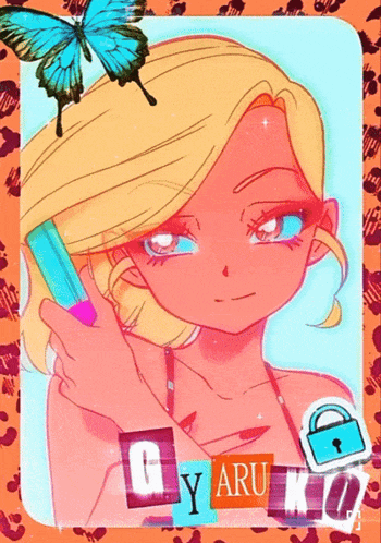 a drawing of a girl with a butterfly and the word gyaru on the bottom