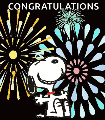 a congratulations greeting card with snoopy and fireworks