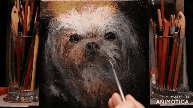 a painting of a dog with the words made in animotica on the bottom