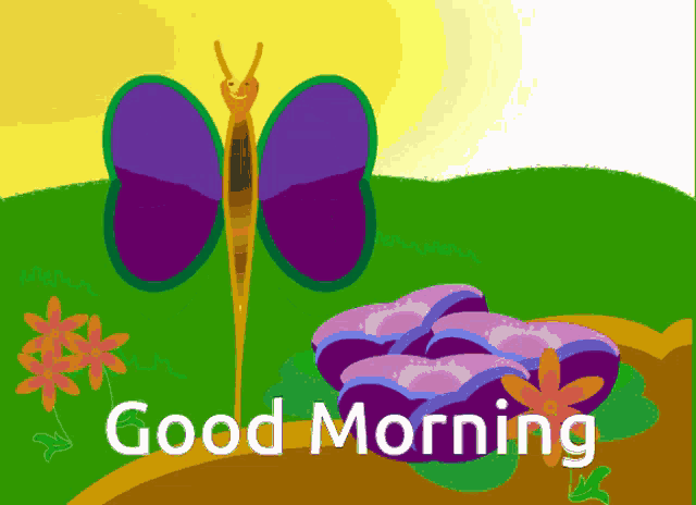 a picture of a butterfly and flowers with the words good morning