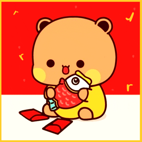 a cartoon of a bear holding a fish with the letter r in the background