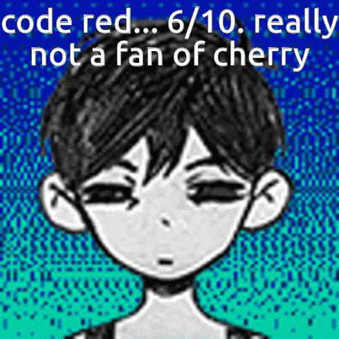 a drawing of a boy with the words code red 6/10 really not a fan of cherry above it