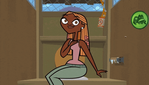 a cartoon of a woman sitting in front of a green sign that says frog