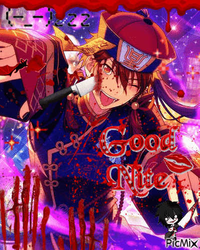 a picture of a vampire holding a knife with the words good night written on it