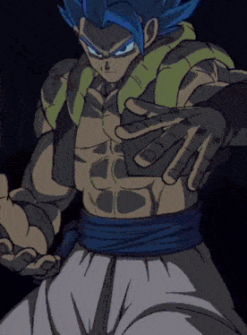 a cartoon drawing of a man with blue hair