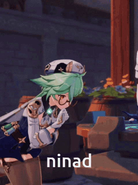 a girl with green hair and glasses is holding a book and the word ninad is on the bottom