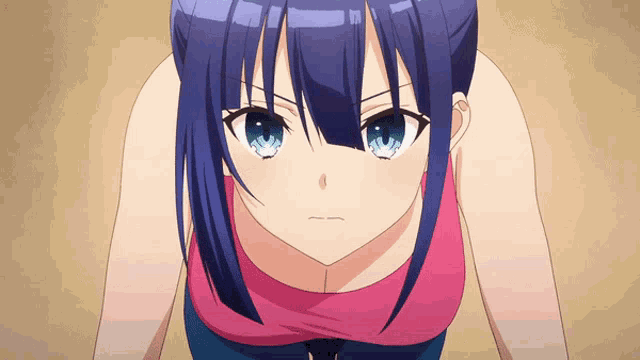 a close up of a anime girl with blue hair
