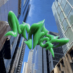 looking up at a green sculpture that says nyc