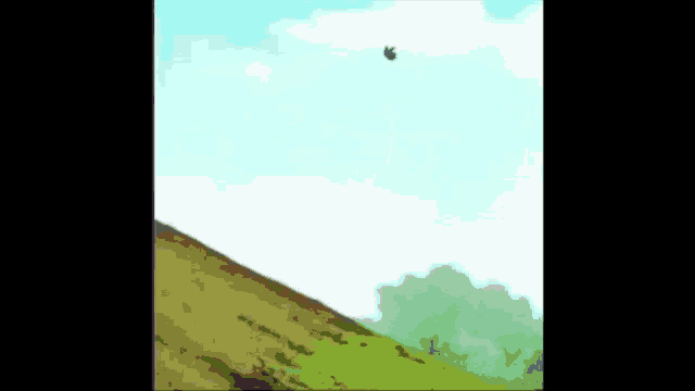 a cartoon character is flying through the air over a hill .