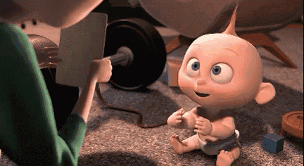 a baby jack jack from the movie the incredibles is sitting next to a woman