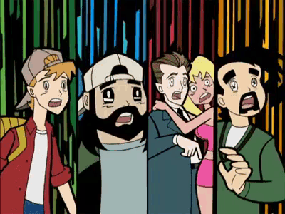 a group of cartoon characters are standing in front of a colorful wall