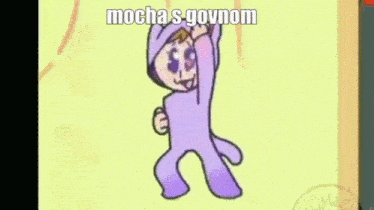 a cartoon of a baby in a purple pajamas dancing with the words `` mocha s govnom '' .