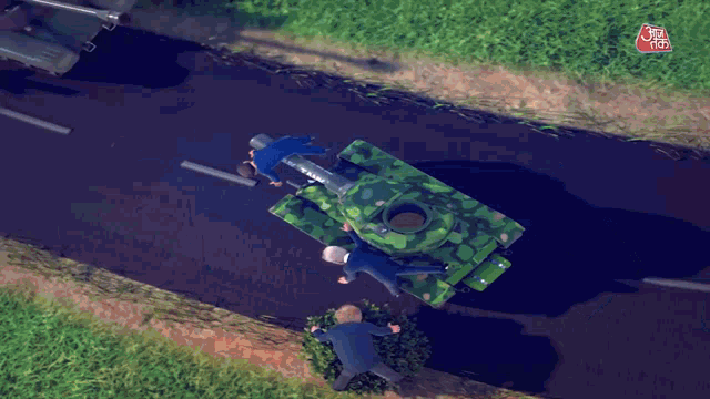 an aerial view of a tank driving down a road with a red circle that says ' youtube ' on it