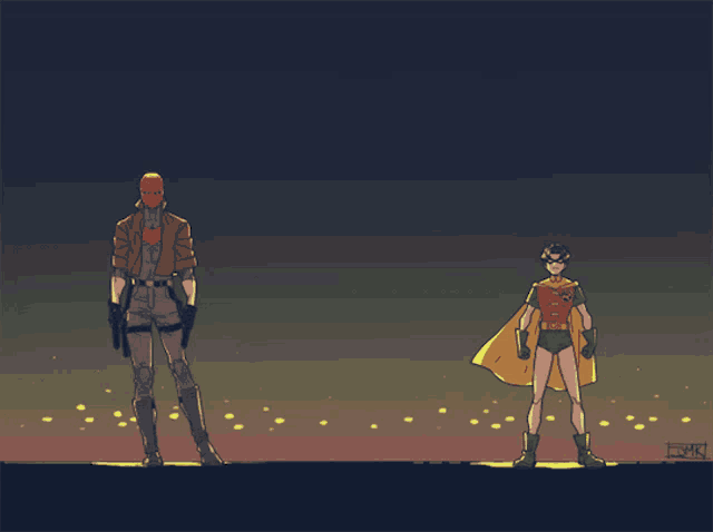 red hood and robin are standing next to each other in a drawing