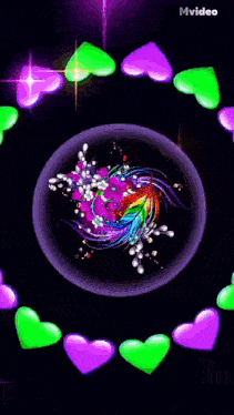 a purple and green heart surrounds a colorful flower in a circle on a black background .