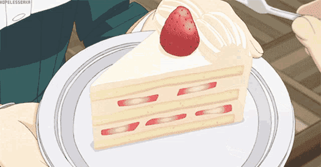 a slice of cake with a strawberry on top on a white plate