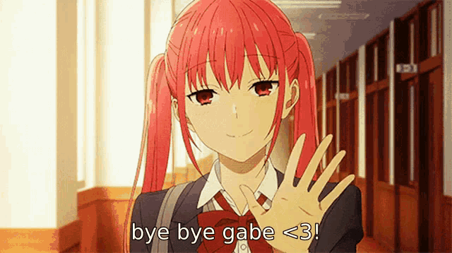 a girl with red hair is waving her hand in a hallway with the words bye bye gabe < 3