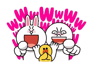 a couple of cartoon characters , a rabbit and a duck , are holding cups of coffee .
