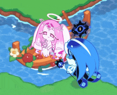 a cartoon drawing of a boat with a pink angel and a blue cookie