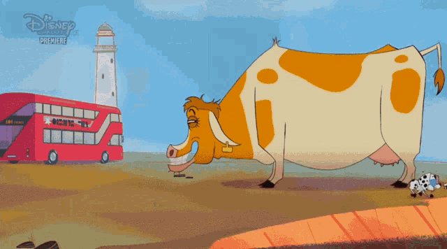 a cartoon cow is standing in front of a red double decker bus that says gate tv