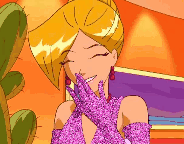 a cartoon woman wearing pink gloves and red earrings