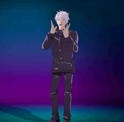 a cartoon character with white hair and black pants