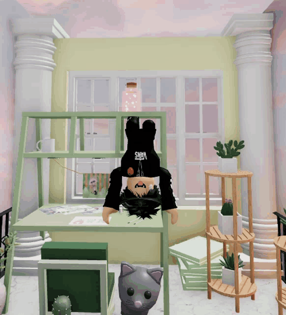 a person wearing a shiba hat is laying on their back on a desk