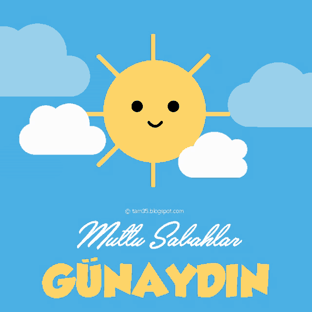 a blue background with a smiling sun and the words " mutlu sabahlar gunnaydin "